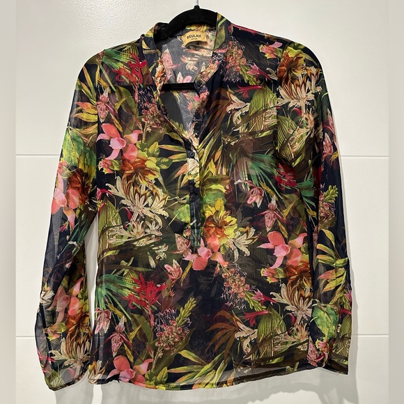 Beula Vibrant Tropical Floral Print on Silky Sheer Button Down - Picture 6 of 6